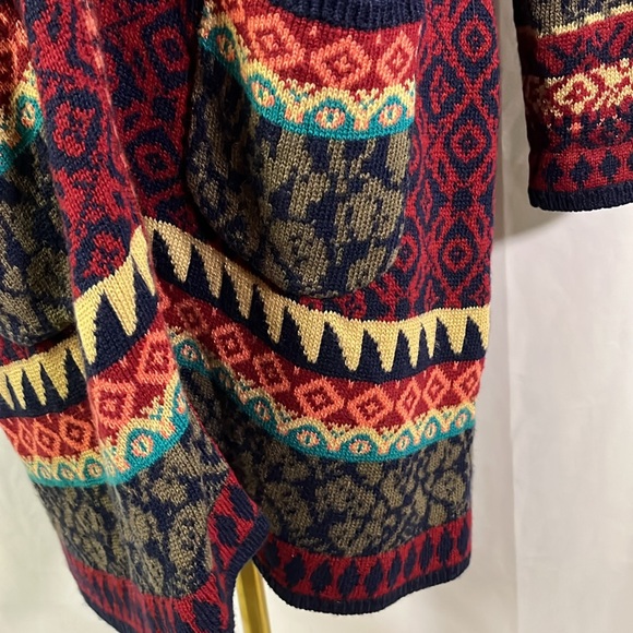 Sahalie Red Multicolor Printed Zip Front Wool Blend Duster Cardigan - Picture 10 of 16